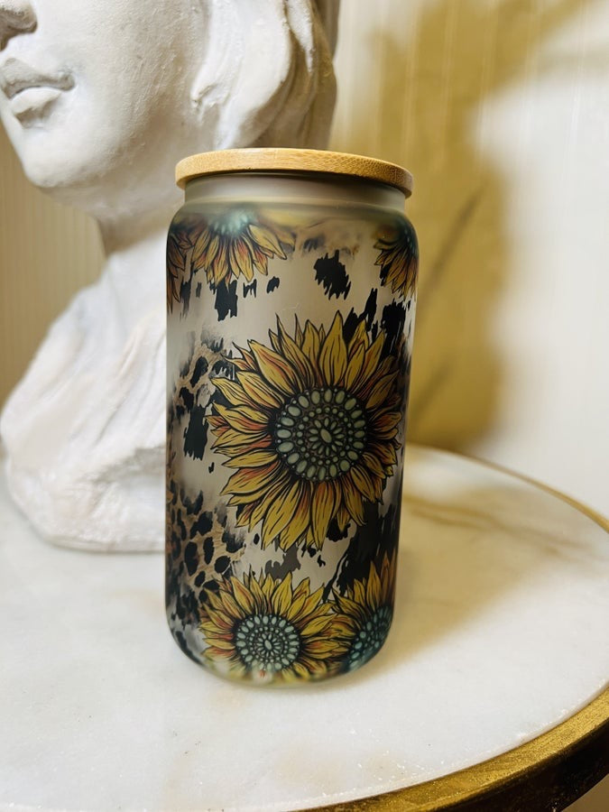 Sunflower Western Glass Can With Bamboo Lid