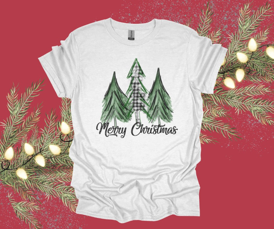 Merry Christmas Plaid Trees Graphic Tee